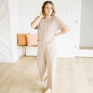 BRAND NEW TAUPE RIBBED BUTTON UP JUMPSUIT